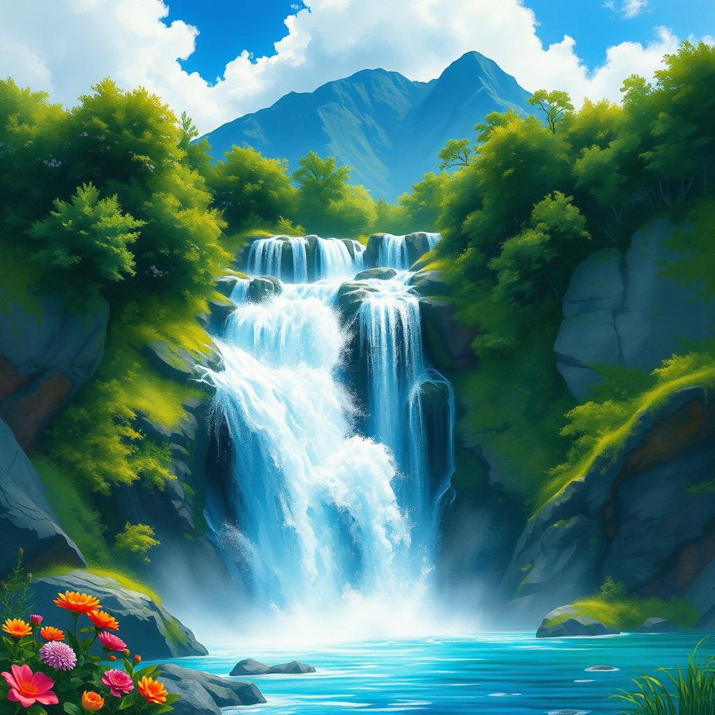 Fantastical and majestic watercolor painting of a waterfall in a serene landscape, captured in 8k resolution with hyperdetailed action painting techniques