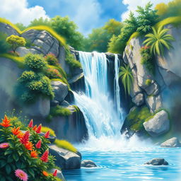 Fantastical and majestic watercolor painting of a waterfall in a serene landscape, captured in 8k resolution with hyperdetailed action painting techniques