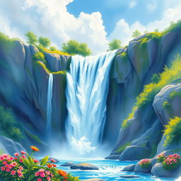 Fantastical and majestic watercolor painting of a waterfall in a serene landscape, captured in 8k resolution with hyperdetailed action painting techniques