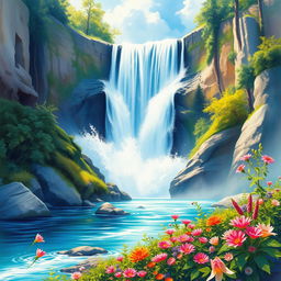 Fantastical and majestic watercolor painting of a waterfall in a serene landscape, captured in 8k resolution with hyperdetailed action painting techniques