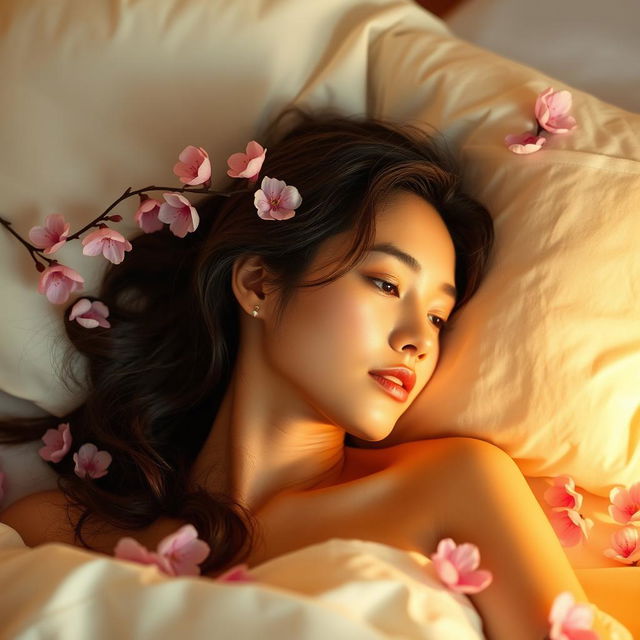 A beautiful woman lying in bed, surrounded by sakura blossoms