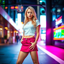 A beautiful blonde teenager with a stylish short skirt, standing confidently in a modern urban setting