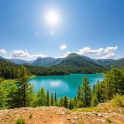 Create a beautiful landscape with a serene lake surrounded by mountains and lush green trees