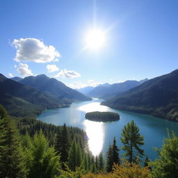 Create a beautiful landscape with a serene lake surrounded by mountains and lush green trees