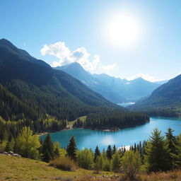 Create a beautiful landscape with a serene lake surrounded by mountains and lush green trees