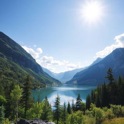 Create a beautiful landscape with a serene lake surrounded by mountains and lush green trees