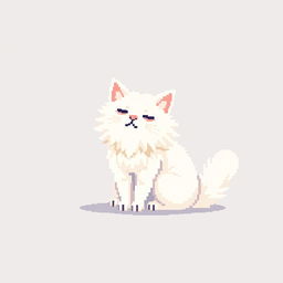 Create a pixel art image featuring a white fluffy cat sitting on a white background