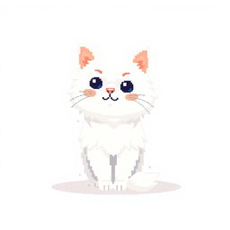 Create a pixel art image featuring a white fluffy cat sitting on a white background