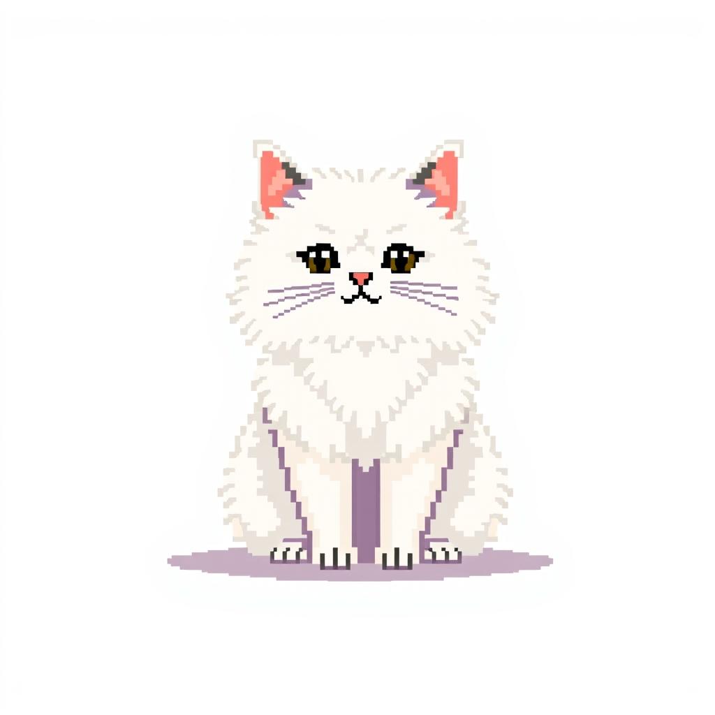 Create a pixel art image featuring a white fluffy cat sitting on a white background