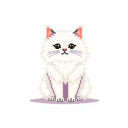 Create a pixel art image featuring a white fluffy cat sitting on a white background