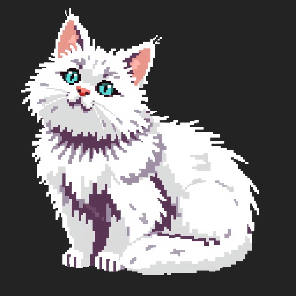 Create a pixel art image featuring a white fluffy cat sitting on a black background