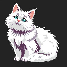 Create a pixel art image featuring a white fluffy cat sitting on a black background