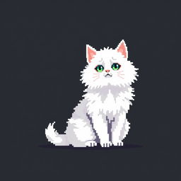 Create a pixel art image featuring a white fluffy cat sitting on a black background