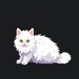 Create a pixel art image featuring a white fluffy cat sitting on a black background