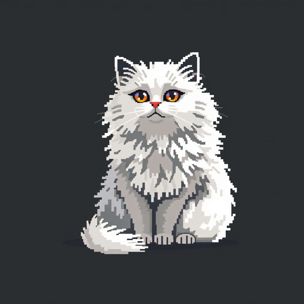 Create a pixel art image featuring a white fluffy cat sitting on a black background