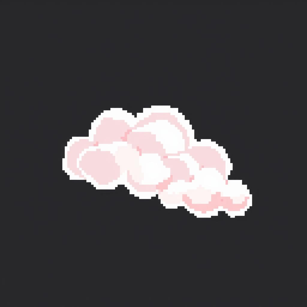 Create a pixel art image featuring a white and pink cloud on a black background