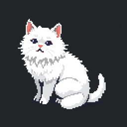 Create a 32x32 pixel art image featuring a white fluffy cat sitting on a black background