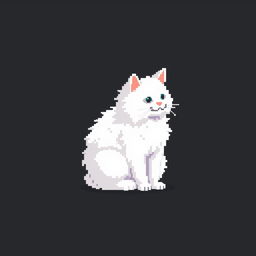 Create a 32x32 pixel art image featuring a white fluffy cat sitting on a black background