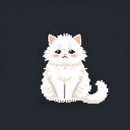 Create a 32x32 pixel art image featuring a white fluffy cat sitting on a black background