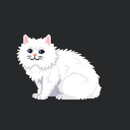 Create a 32x32 pixel art image featuring a white fluffy cat sitting on a black background