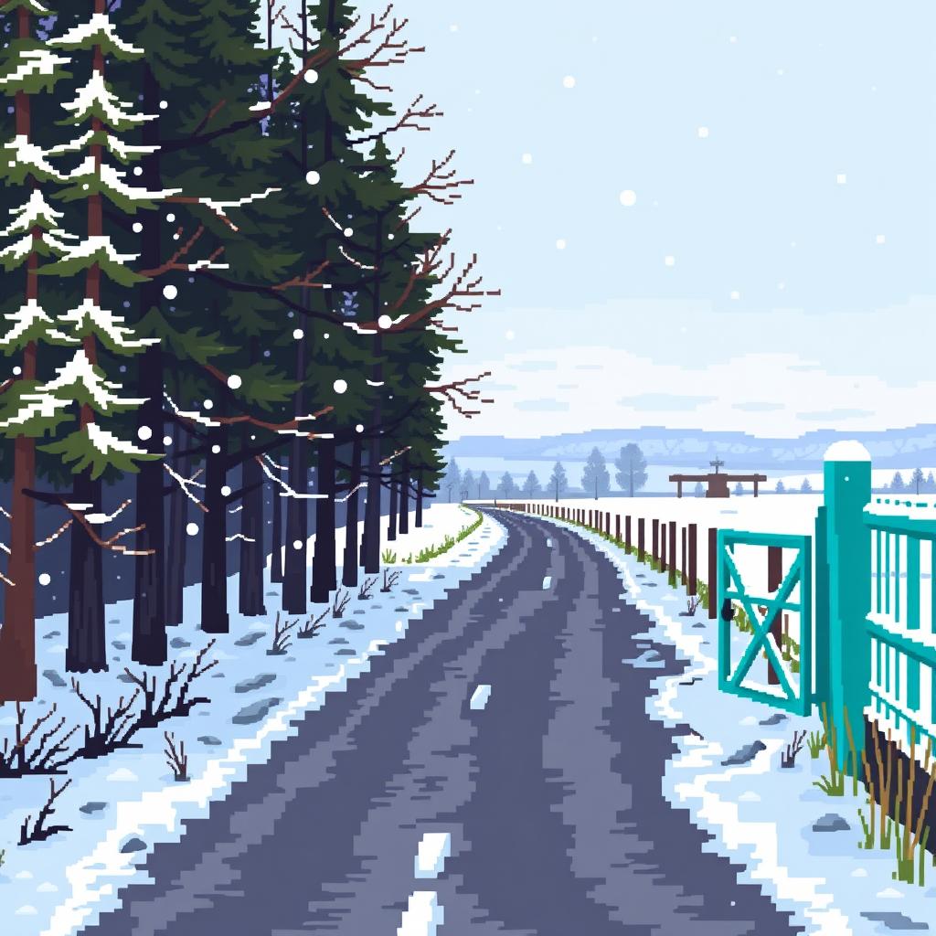 Create a pixel art image depicting a winter scene