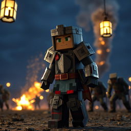 A Minecraft player wearing level 3 armor, including a helmet, chestplate, greaves, and boots, ready to enter combat on a nighttime battlefield