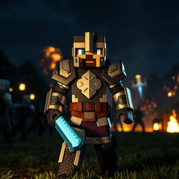 A Minecraft player wearing level 3 armor, including a helmet, chestplate, greaves, and boots, ready to enter combat on a nighttime battlefield