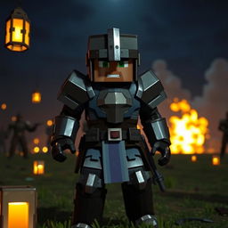 A Minecraft player wearing level 3 armor, including a helmet, chestplate, greaves, and boots, ready to enter combat on a nighttime battlefield