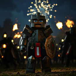 A Minecraft player wearing level 3 armor, including a helmet, chestplate, greaves, and boots, ready to enter combat on a nighttime battlefield