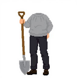 Create a pixel art image of a person wearing a grey sweater and black pants, holding a shovel