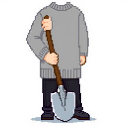 Create a pixel art image of a person wearing a grey sweater and black pants, holding a shovel