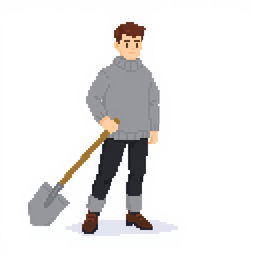 Create a pixel art image of a person wearing a grey sweater and black pants, holding a shovel