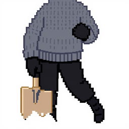 Create a pixel art image of a person wearing a grey sweater and black pants, holding a shovel