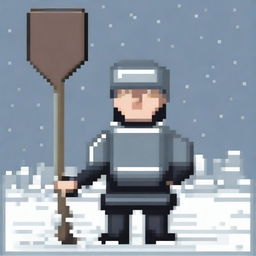 Create a pixel art image featuring a person wearing a gray sweater and black pants, holding a snow shovel