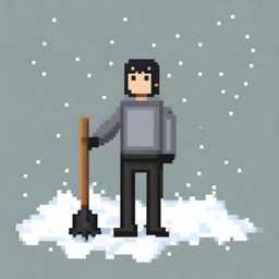 Create a pixel art image featuring a person wearing a gray sweater and black pants, holding a snow shovel