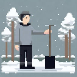 Create a pixel art image featuring a person wearing a gray sweater and black pants, holding a snow shovel