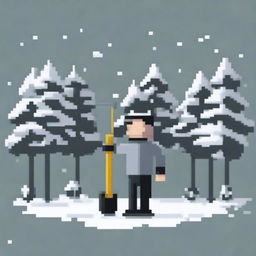 Create a pixel art image featuring a person wearing a gray sweater and black pants, holding a snow shovel