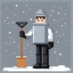 Create a pixel art image featuring a person wearing a grey sweater and black pants, holding a snow shovel