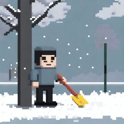 Create a pixel art image featuring a person wearing a grey sweater and black pants, holding a snow shovel