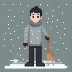 Create a pixel art image featuring a person wearing a grey sweater and black pants, holding a snow shovel