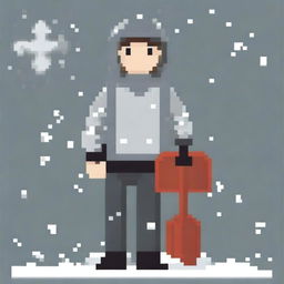 Create a pixel art image featuring a person wearing a grey sweater and black pants, holding a snow shovel