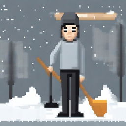 Create a pixel art image featuring a person wearing a grey sweater and black pants, holding a snow shovel