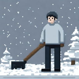 Create a pixel art image featuring a person wearing a grey sweater and black pants, holding a snow shovel