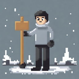 Create a pixel art image featuring a person wearing a grey sweater and black pants, holding a snow shovel