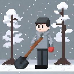 Create a pixel art image featuring a person wearing a grey sweater and black pants, holding a snow shovel