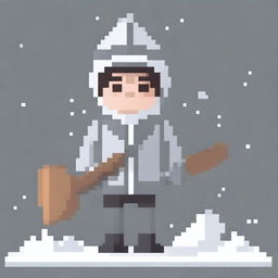 Create a pixel art image of a person wearing a white and gray sweater, holding a snow shovel, on a white background