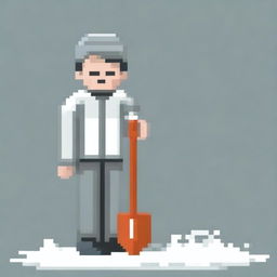 Create a pixel art image of a person wearing a white and gray sweater, holding a snow shovel, on a white background
