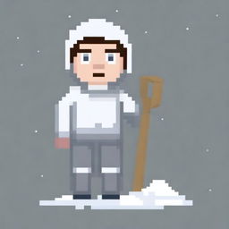 Create a pixel art image of a person wearing a white and gray sweater, holding a snow shovel, on a white background