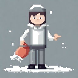 Create a pixel art image of a person wearing a white and gray sweater, holding a snow shovel, on a white background