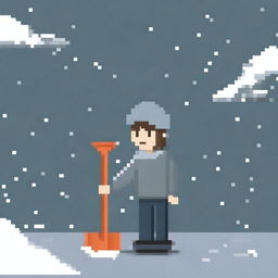 Create a pixel art image featuring a person wearing a grey sweater and holding a snow shovel